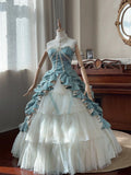 Beauty Prom Dress Strapless Pleated Tiered Tulle Ball Gown Evening Dress Quinceanera Dress HZ0319
