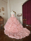 Charming Prom Dress Light Pink Strapless Pleated Tiered Quinceanera Dress Ball Gown Evening Dress HZ0319