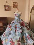 Elegant Prom Dress Strapless Print Tiered Evening Dress Quinceanera Dress Ball Gown HZ0319