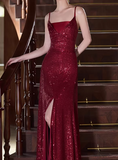 Shiny Prom Dress Spaghetti Straps Slit Gala Dress Evening Dress Formal Dress HZ0319