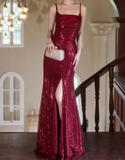 Shiny Prom Dress Spaghetti Straps Slit Gala Dress Evening Dress Formal Dress HZ0319