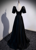 Elegant Prom Dress Black V-neck Pleated Gala Dress Evening Dress Formal Dress HZ0319