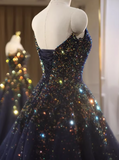 Shiny Prom Dress Dark Blue V-neck Gala Dress Evening Dress Formal Dress HZ0319