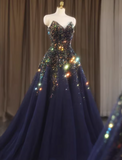 Shiny Prom Dress Dark Blue V-neck Gala Dress Evening Dress Formal Dress HZ0319