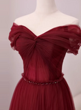 Stunning Prom Dress Wine Red Off Shoulder Pleated Tulle Gala Dress Evening Dress Formal Dress HZ0319
