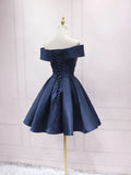 Retro Navy Blue Off-the-shoulder Design A-line Satin Party Dress Homecoming Dress HZ0319