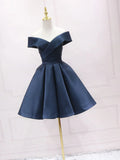 Retro Navy Blue Off-the-shoulder Design A-line Satin Party Dress Homecoming Dress HZ0319