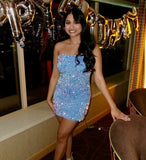 Retro Sparkling Blue Strapless Sequin Design Bodycon Party Dress Homecoming Dress HZ0319