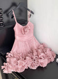 Cute Pink Spaghetti Strap Ruffle Design A-Line Homecoming Dress Party Dress Prom Dresses HZ0319