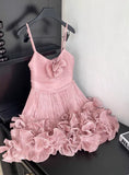 Cute Pink Spaghetti Strap Ruffle Design A-Line Homecoming Dress Party Dress Prom Dresses HZ0319