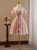 Vintage Pink 3D Flower Design A-line Off-the-shoulder Homecoming Dress , HZ0319