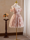 Vintage Pink 3D Flower Design A-line Off-the-shoulder Homecoming Dress , HZ0319