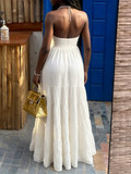 Pretty White Halter Neck A-Line Chiffon Long Party Dress Fashion Summer Dress, HZ0319