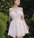 Vintage White Spaghetti Strap Appliqued A-line Party Dresses Homecoming Dresses, HZ0319