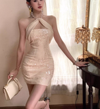 Fashion Champagne Sequin Design A-line Party Halter Dress Homecoming Dress, HZ0319