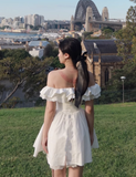Simple White Off-the-shoulder Lace Bow Design A-line Party Dress Homecoming Dress, HZ0319