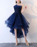 Retro Navy Blue Strapless Ruffled Hem Design A-line Tulle Party Dress Homecoming Dress HZ0319
