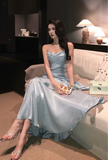Vintage Blue Sweetheart Spaghetti Strap Mermaid Ruffled Hem Design Sexy Prom Dress Evening Dress HZ0319