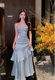 Vintage Blue Sweetheart Spaghetti Strap Mermaid Ruffled Hem Design Sexy Prom Dress Evening Dress HZ0319