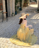 Vintage Yellow Bohemian Style Design Elegant Beach Holiday A-Line Sleeveless Halter Dress Summer Dress Party Dress HZ0319