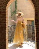 Vintage Yellow Bohemian Style Design Elegant Beach Holiday A-Line Sleeveless Halter Dress Summer Dress Party Dress HZ0319