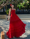 Vintage Burgundy V-neck Design Elegant Beach Holiday A-Line Sleeveless Halter Dress Summer Dress Party Dress , HZ0319