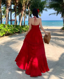 Vintage Burgundy V-neck Design Elegant Beach Holiday A-Line Sleeveless Halter Dress Summer Dress Party Dress , HZ0319