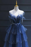 Vintage Blue Beaded Design Elegant A-Line Chiffon Tulle Evening Dress Prom Dress HZ0319