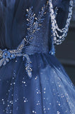 Vintage Blue Beaded Design Elegant A-Line Chiffon Tulle Evening Dress Prom Dress HZ0319