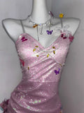 Glitter Pink Sequin Spaghetti Strap Butterfly Design 16th Birthday Party Dress Homecoming Dress HZ0319
