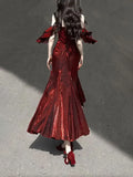 Vintage Burgundy Spaghetti Strap Mermaid Design Elegant Satin Evening Dress Prom Dress HZ0319
