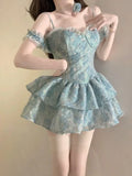 Retro Light Blue Floral Spaghetti Strap Design A-line Mini 16th Birthday Party Dress Tiered Homecoming Dress HZ0319