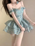 Retro Light Blue Floral Spaghetti Strap Design A-line Mini 16th Birthday Party Dress Tiered Homecoming Dress HZ0319