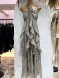 Floral Ruffle Design Halter Dress Elegant A-line Chiffon Evening Party Dress HZ0319