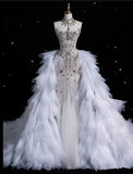 Vintage Sparkling Beaded Mermaid Design Strapless Princess Wedding Dress, HZ0319