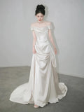 Retro Off-the-shoulder Floor Length Design Elegant Satin A-Line Wedding Dress, HZ0319