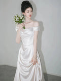 Retro Off-the-shoulder Floor Length Design Elegant Satin A-Line Wedding Dress, HZ0319