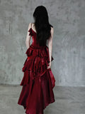 Retro Spaghetti Strap Irregular Ruffled Detachable Rose Design Elegant Satin Evening Dress Prom Dress HZ0319