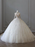 Vintage Sparkling Beaded Ball Gown Design A-Line Long-sleeved Princess Wedding Dress, HZ0319