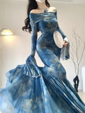Vintage Blue Off-the-shoulder Floral Design Elegant Mermaid Chiffon Evening Dress Prom Dress HZ0319