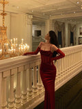 Vintage Red Spaghetti Strap Gloves Design Elegant Sheath Evening Dress Prom Dress HZ0319