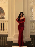 Vintage Red Spaghetti Strap Gloves Design Elegant Sheath Evening Dress Prom Dress HZ0319