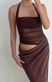 Simple Dark Khaki Halter Dress Design A-line Tulle Women Party Dress, HZ0319