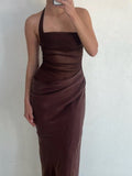 Simple Dark Khaki Halter Dress Design A-line Tulle Women Party Dress, HZ0319