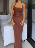 Simple Dark Khaki Halter Dress Design A-line Tulle Women Party Dress, HZ0319