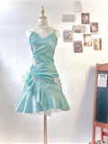 Fashion Mint Green Sparkling Sequin Spaghetti Strap Ruffled Hem Short 16th Birthday Party Dress Homecoming Dress HZ0319