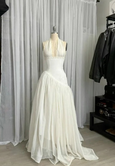White Halter Neck A-Line Lace Long Party Dress Vintage Wedding Dress, HZ0319