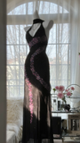 Retro Black V-neck Applique Design Romantic Chiffon Evening Dress Prom Dress HZ0319