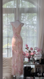 Retro Pink Floral Spaghetti Strap Romantic Chiffon Evening Dress Prom Dresses, HZ0319