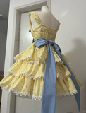 Cute Yellow Floral Lace Hem Design Tiered Party Dress Homecoming Dress HZ0319